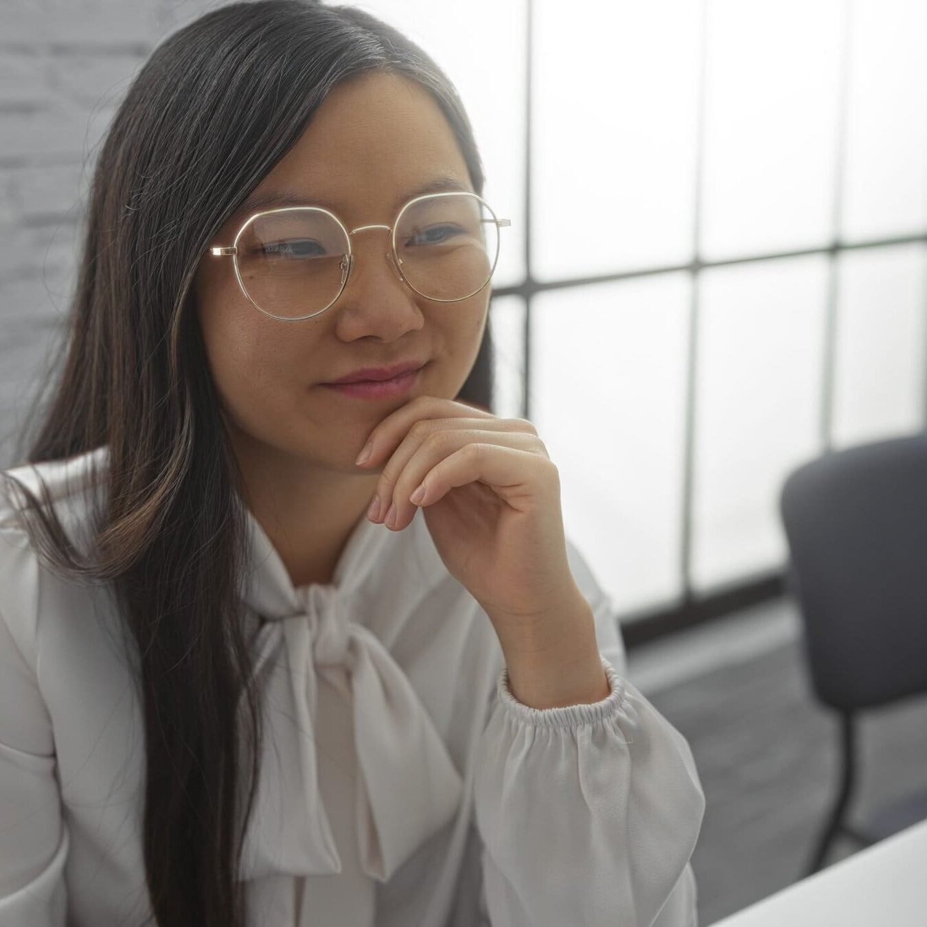 Professional woman wearing glasses working at a desk in a modern office environment.
