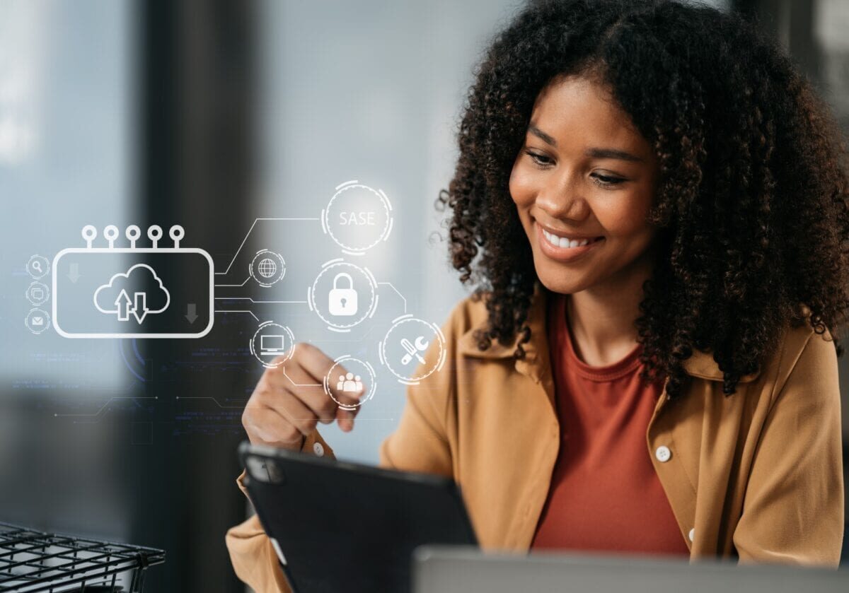 A smiling professional woman using a tablet with a glowing digital interface showing cloud technology and AI icons.