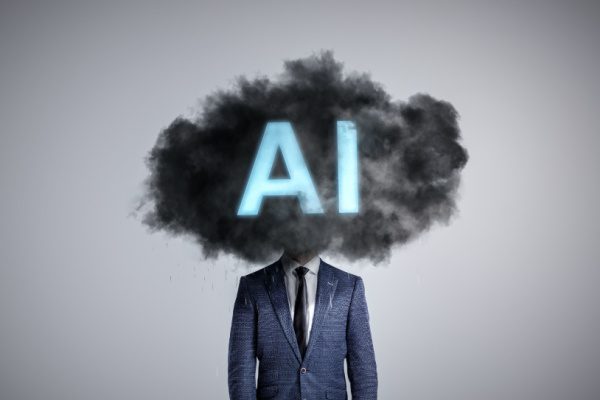 person in suit with dark cloud covering their head with the letters AI on the cloud
