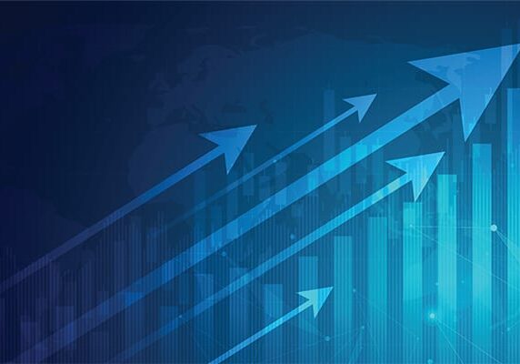 arrows pointing up & to the right following the same trend as bars below all in blue