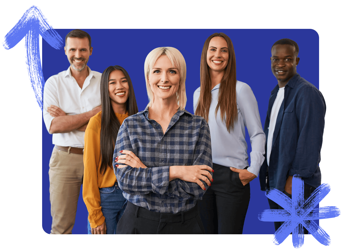 Diverse team of professionals standing confidently together, smiling on a blue background.