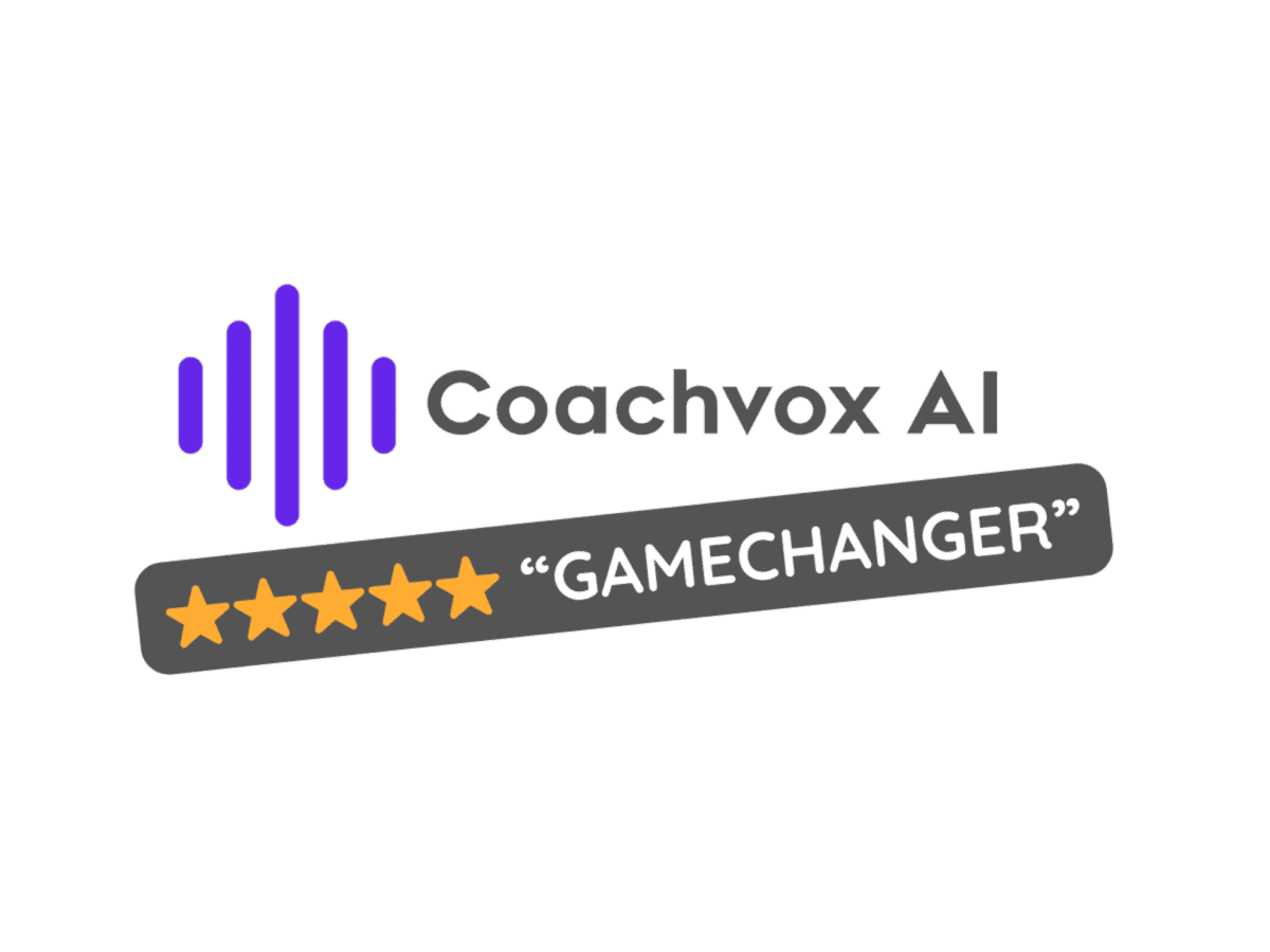 Coachvox AI logo featuring vertical purple sound-wave bars next to the text ‘Coachvox AI,’ with a slanted badge below showing five gold stars and the word ‘GAMECHANGER.’