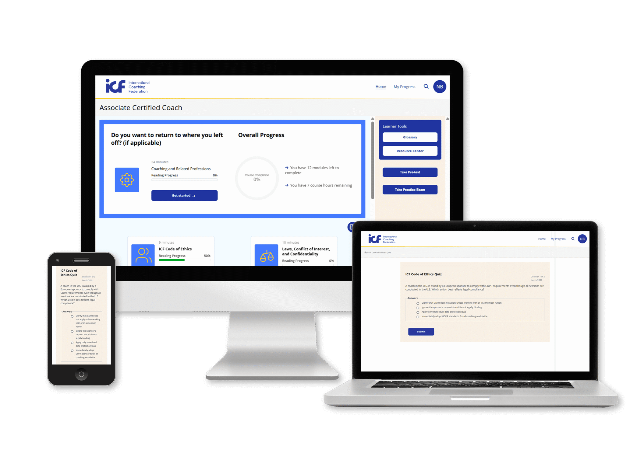 ICF Associate Certified Coach exam study system shown on desktop, laptop and mobile, with progress tracking, learning modules and ethics quizzes.
